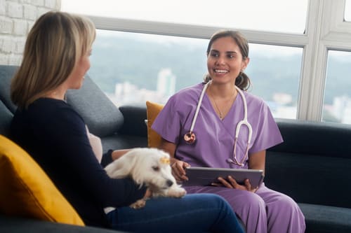 Dierenarts bespreekt de zorg voor een hond tijdens een consult