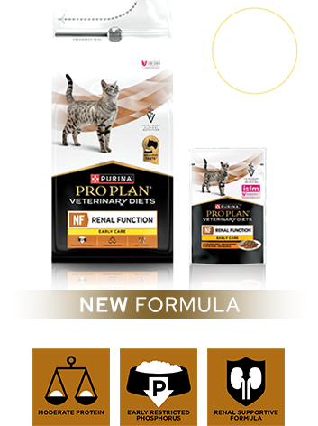 Verpakking van Purina ProPlan Veterinary Diets NF Renal Function Early Care, met droog- en natvoer voor IRIS stadium 1 en 2.