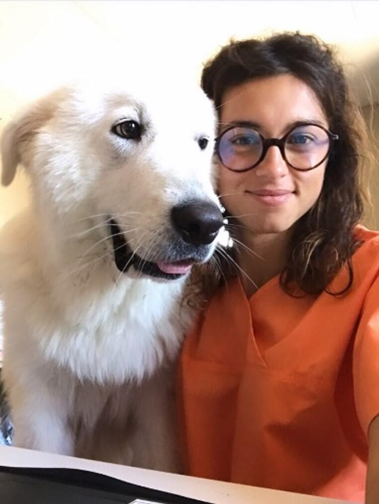 Dierenartsstudent poseert met een witte hond